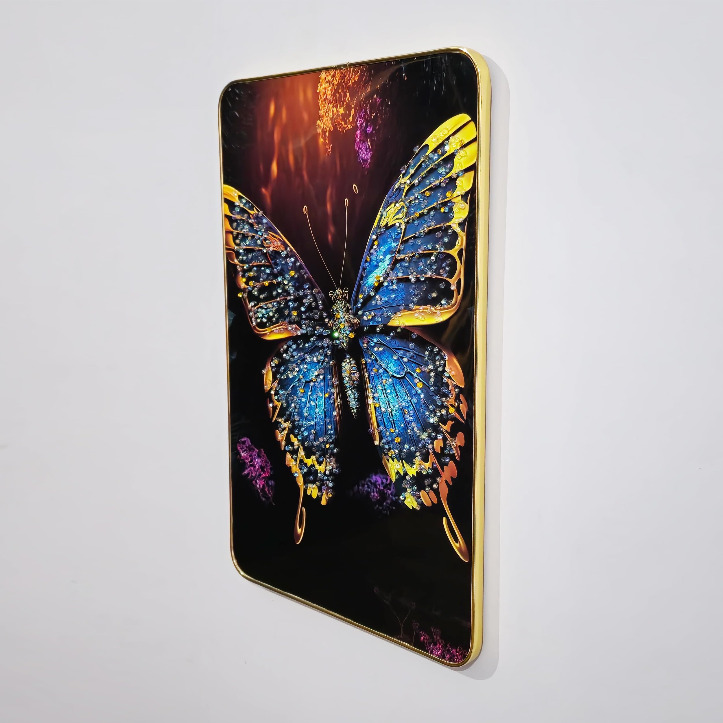 Masstone Decorative Butterfly Wall Painting With Crystal Embedded High Gloss Surface Gold Slim Frame Embossed, 45X30 Cm Wall Han
